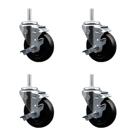 Service Caster 4 Inch Soft Rubber Wheel Swivel 34 Inch Threaded Stem Caster Set with Brake SCC SCC-TS20S414-SRS-TLB-34212-4